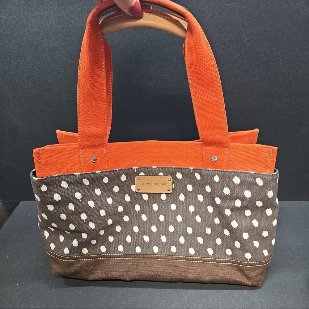 Tommy Hilfiger Designer Women’s White and Brown Polka Dot Canvas Tote Zip